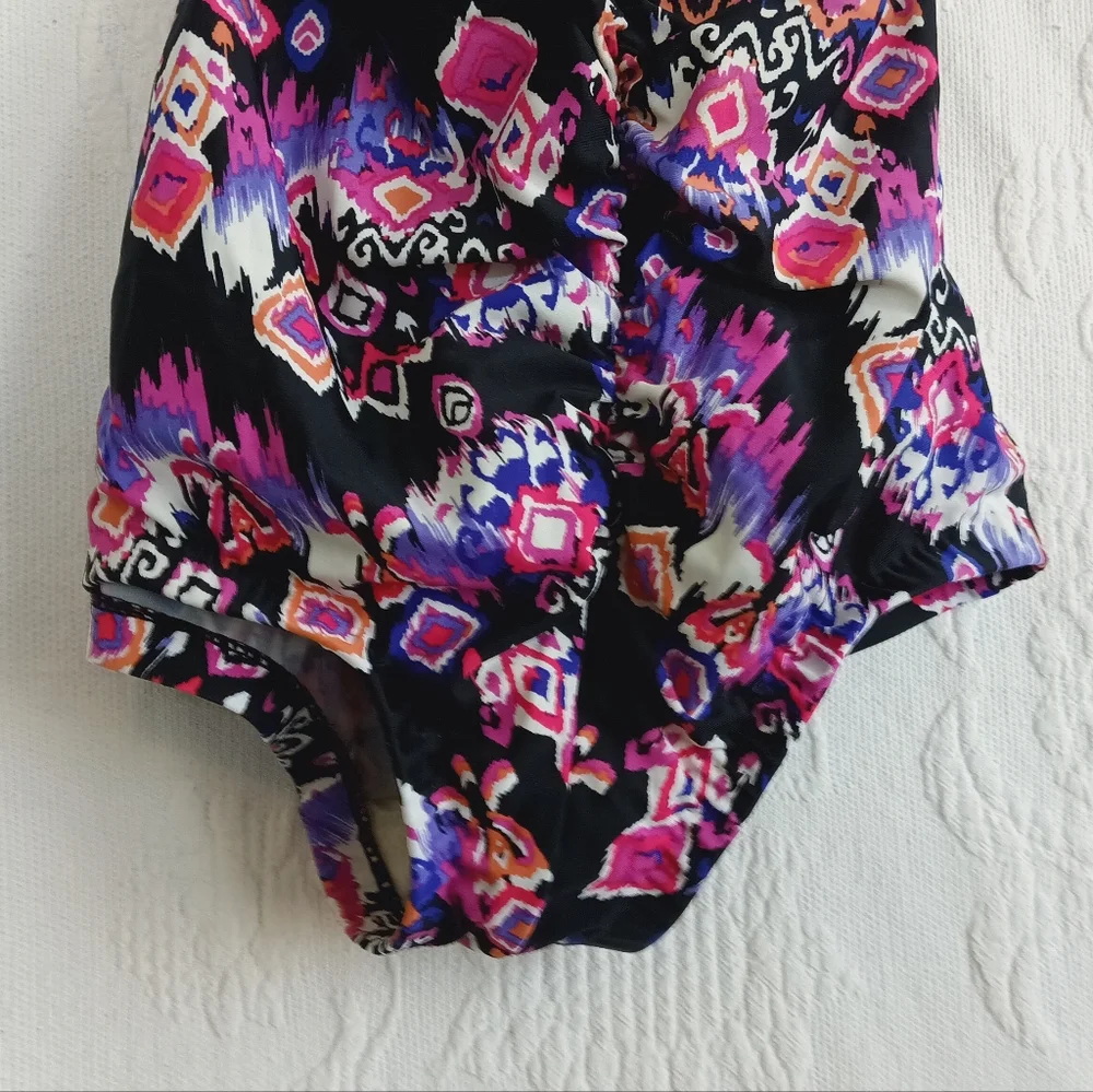 Maxine of Hollywood Purple Tribal Print Swimsuit Tummy Control Ruched Padded Cup - Picture 4 of 16
